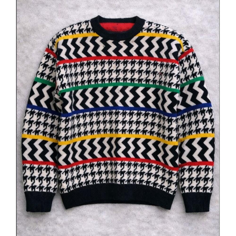 Vintage Houndstooth 80s Geometric Chevron Colorblock Knit USA Sweater Women's PM